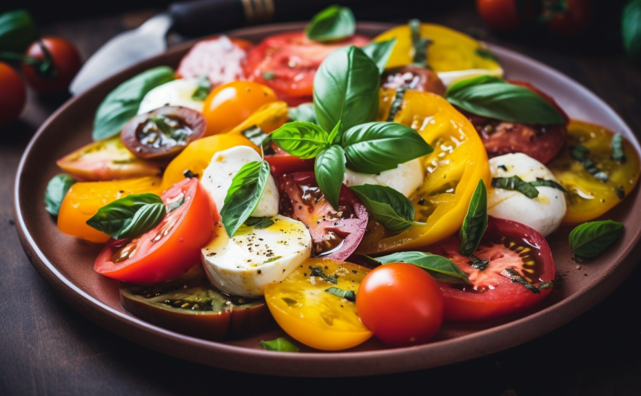 Salada Caprese com Tomates Heirloom e Manjericão