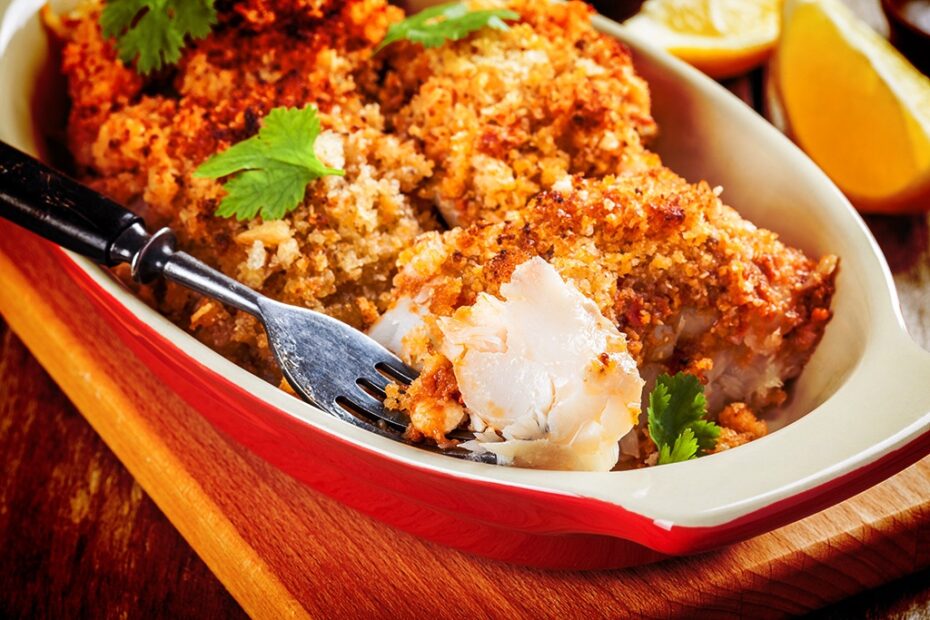 lombo de bacalhau à milanesa ao forno